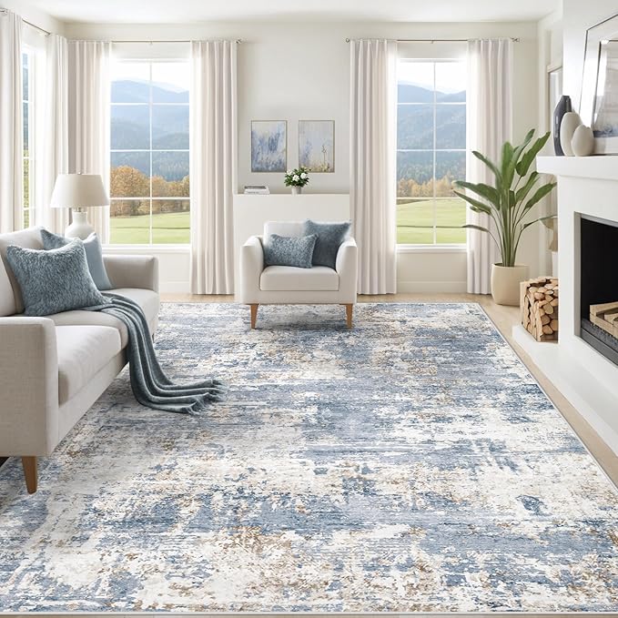XLUEZ 9x12 Area Rug for Living Room, Washable Modern Abstract Large Area Rug Neutral Soft Non Slip Kids Rug Stain Resistant Indoor Carpet for Bedroom Dining Room Playroom Office(Blue, 9'x12')