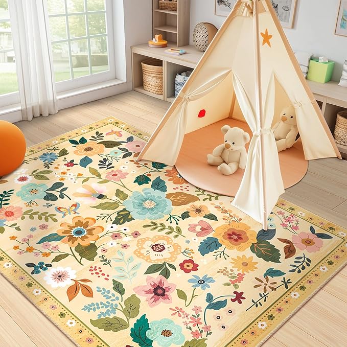RELEANY Floral Nursery 4x6 Area Rugs Washable Print Boho Cute Carpet Non Slip Flower Low Pile for Living Room Kids Girls Playroom Bedroom Kitchen Office Farmhouse-Ivory/Yellow