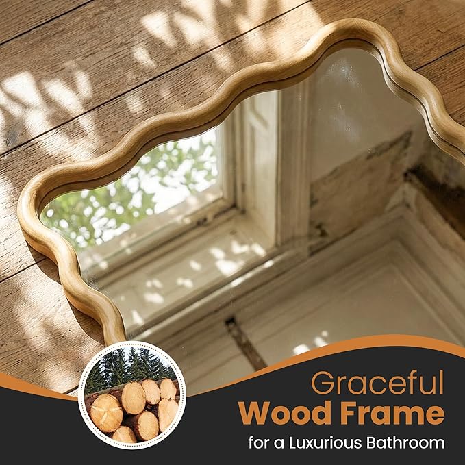 TRAHOME Wavy Mirror for Wall, 55"x28" Boho Wavy Wood Mirror Large Full Length Decorative Mirror with Tempered Glass, Natural Wooden Frame Vanity Mirror for Bedroom, Living Room, Entryway
