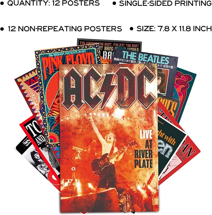 Woonkit Vintage Rock Band Posters for Room Aesthetic, 70s 80s 90s Retro Music Room Wall Bedroom Decor Art, Vintage Rock Concert Poster Wall Collage, Old Music Album Cover Prints (12 SET B, 7.8X11.8 INCH)