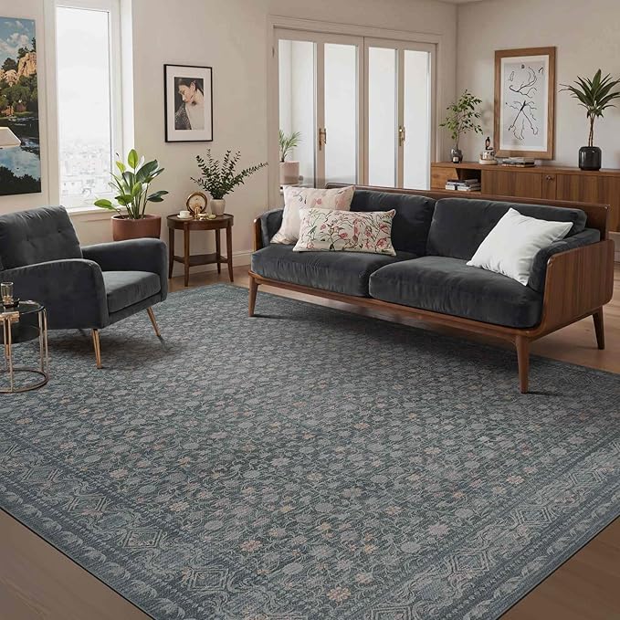Rugxara 6x9 Washable Area Rug for Living Room, Vintage Large Boho Rugs for Office, Dining Room, Kids Room, Farmhouse, Durable Low Pile Non Slip Carpet for High Traffic Areas, Soft Blue
