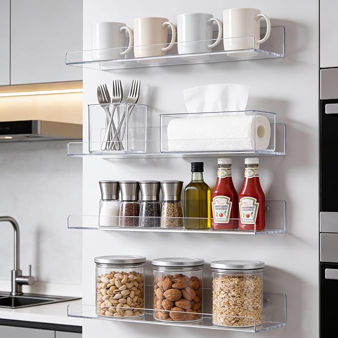 Clear Acrylic Shelves for Bathroom, 15'' Floating Shelves Wall Organizer for Perfume, Skincare, Bookshelf Organizer for Bedroom, Kids Room, Living Room, Room Decor