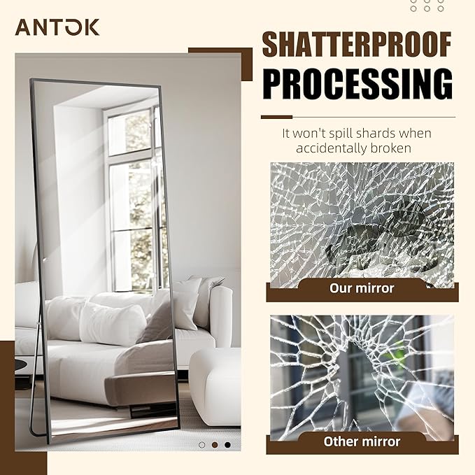 Antok Over The Door Mirror Full Length, 58'' x 21''Wall Mounted Hanging Mirror, Aluminum Alloy Frame, Shatterproof Glass, No Drill Installation for Bedroom, Closet, Bathroom, Dorm, Rect Corner,Black
