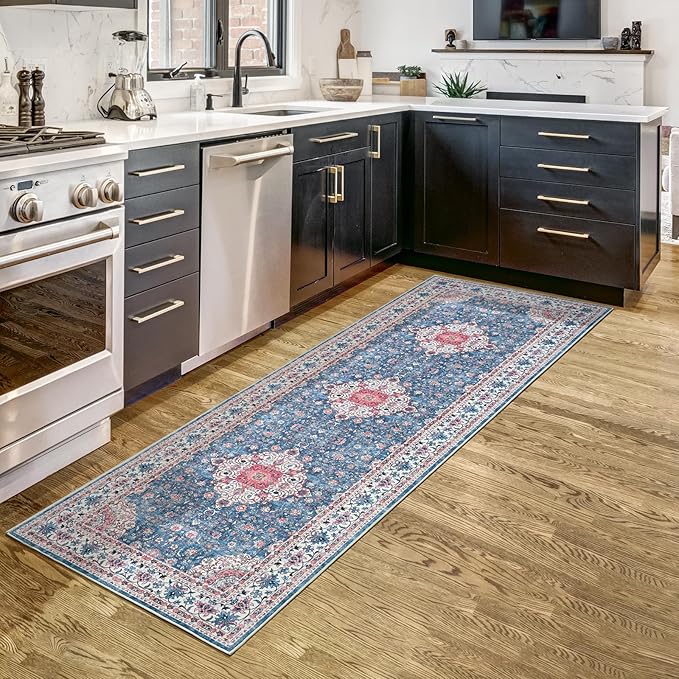 Goideal Washable Runner Rug 2x6, Vintage Rugs Non Slip, Indoor Low Pile Carpet with Rubber Backing for Kitchen Bathroom Entryway Office Bedroom,Blue & Hot Pink