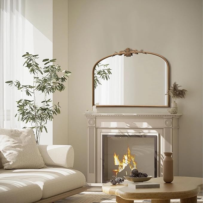 Besdomus Vintage Arched Gold Mirror: 32"x24" French Large Vintage Vanity Wall Mirror - Baroque Decorative Traditional Ornate for Bedroom/Fireplace/Bathroom/Hallway - Wall Decor for Fashion-Conscious
