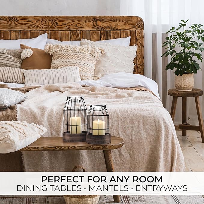 Rustic Farmhouse Lantern Decor Set of 2 - Stylish Decorative Lanterns for Your Living Room, Fireplace Mantle or Kitchen Dining Table - Modern Indoor/Outdoor Coffee Table Decor for Your Entire Home