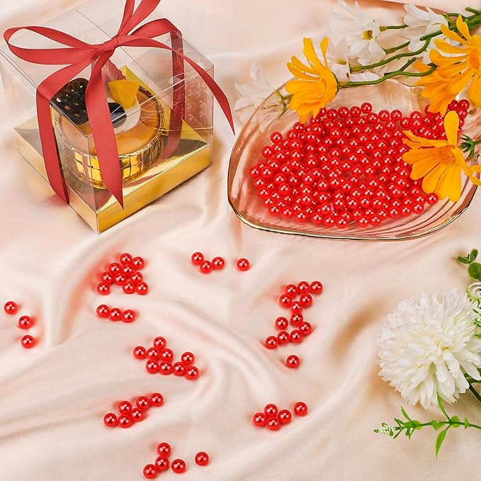 Suream Imitation Pearls 1300 Pcs, 8mm/0.31In Pearl for Exquisite Makeup Brush Holder, Art Faux Round Beads with Luster, No Hole Decorative Vase Filler Pearls for Wedding, Party, Table Scatter, Red
