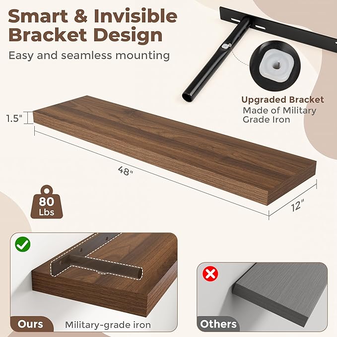 Fun Memories 12 Inch Deep Floating Shelves, 48 x 12 Floating Shelves for Wall Set of 2, Extra Deeper Hanging Wood Wall Shelves for Bedroom, Living Room, Kitchen, Walnut