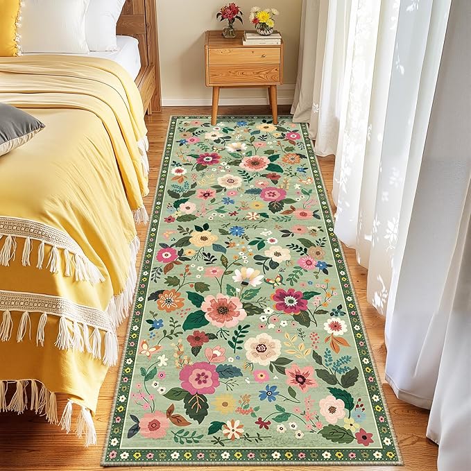 RELEANY Floral Nursery 2x6 Area Rugs Washable Print Boho Cute Carpet Non Slip Flower Low Pile for Living Room Kids Girls Playroom Bedroom Kitchen Office Farmhouse-Light Green
