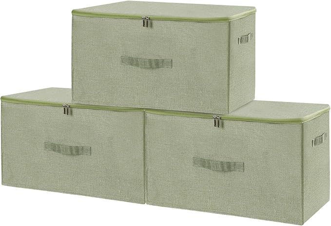 ANMINY 3PCS Storage Bins with Zipper Lids 51.9 Qt Lidded Fabric Storage Boxes Baskets Cubes with Handles Collapsible Washable Cotton Linen Closet Shelf Clothes Organizer - Green, Extra Large