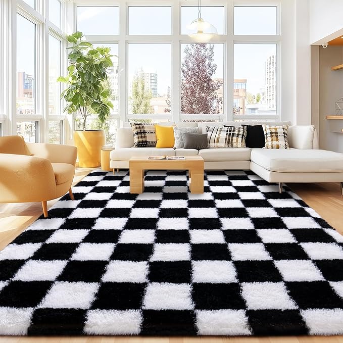 Checkered 8x10 Area Rugs for Living Room, Ultra Soft Fluffy Large Shaggy Rug Carpet for Bedroom, Non-Slip Fuzzy Plush Rugs for Nursery Boys Girls Kids Room Modern Indoor Home Decor, Black and White