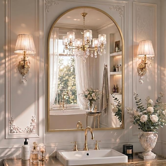 24"x36" Arched Gold Bathroom Mirror – Metal Framed with HD Shatter-Proof Glass, Wall-Mounted for Over Sink, Entryway, Living Room, Bedroom
