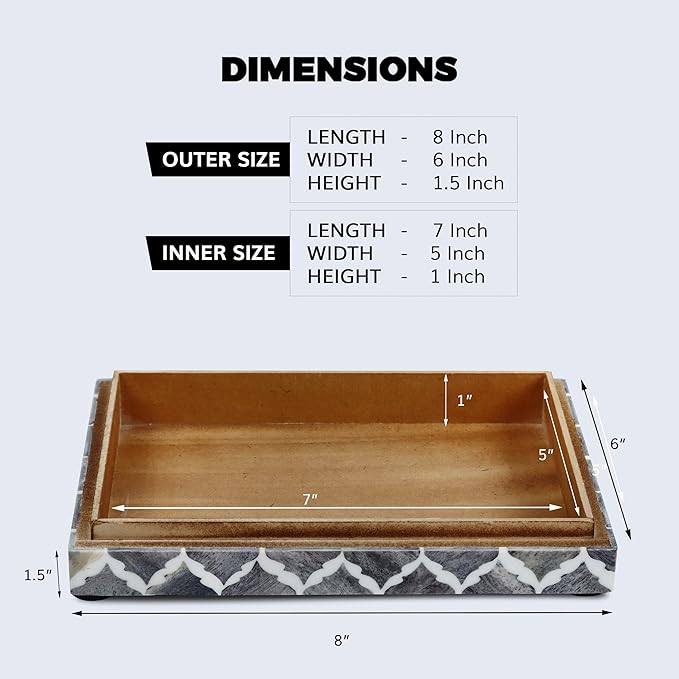 Handicrafts Home Decorative Storage Box with Lid, Moroccan Photo Storage Box Organizer, Flat Keepsake Document Box, Bone & Resin Inlay Wooden Desk Shelf Storage, Gray, 6x8x1.5, Moroccan Collection