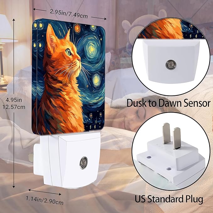 Cat Night Light, Lonely Ginger Cat Night Lights Plug into Wall Decor for Bedroom, Bathroom, Hallway, Kitchen, Dusk to Dawn Sensor Nightlights for Boys Girls Women Men Room Gifts