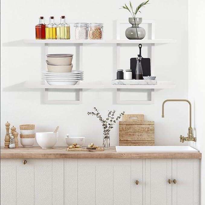 PHOENANCEE Floating Shelves for Wall,Display Hanging Shelf Set of 2,Modern Decorative Plants Shelves,Wood Home Decor Storage Chic for Living Room Bedroom Bathroom Office,Oak Frame,2-Tier,White