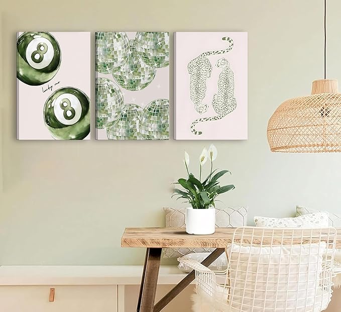 3Pcs Framed Trendy Leopard Disco Ball Canvas Wall Art Sage Green Lucky Poster Prints Preppy Ace Cards Wall Decor pictures for Girly Bedroom Apartment Dorm Decoration