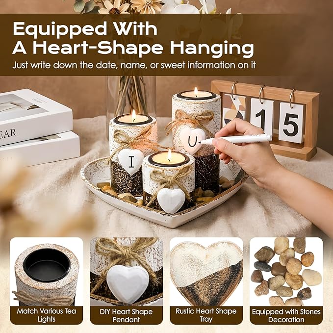 Farmhouse Candle Holders 3 Pack Rustic Wooden Pillar Candle Holder with Heart Tray and Stones Tealight Candles Holders Farmhouse Centerpiece for Coffee Table Mothers Day Valentines Home Decor