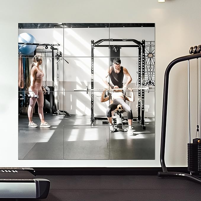 Delma Frameless Mirror Tiles 16"x12"x12 Pcs Wall Mounted, Shatter Resistant Full Length Tempered Glass Panels for Home Gym Bathroom Bedroom & Living Room Decor