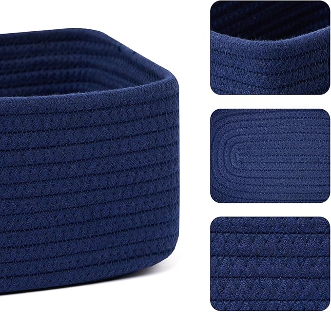 MiniArk Small Storage Baskets for Organizing | Closet Organizer Bins | Shelf Toy Basket | Woven Rope Baskets | Cube Decorative Box | Shallow Basket | 11.5x7.5x4.7” | 3 Packs Navy Blue