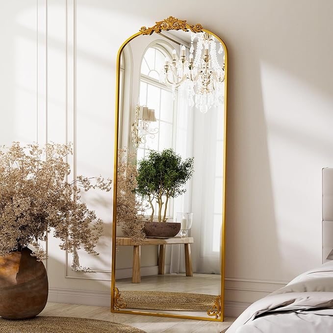 GLSLAND 56"x21" Vintage Full Length Mirror - Carved Arched Floor Standing Mirror, Baroque Full Body Mirrors for Bedroom Living Room Entryway, Gold Frame