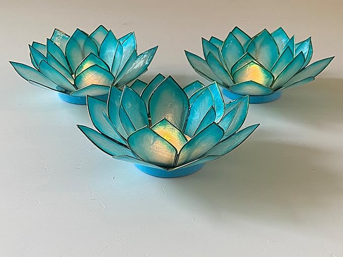 Om Gallery Capiz Shell Lotus Flower Decor Tealight Candle Holder for Serene Ambiance - Handmade Decorative Candle Holders for Meditation, Yoga, and Relaxation, Cool Water