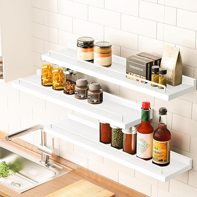 RYOFOBETTO 22 inches Long Floating Shelves, Bathroom Decor Shelves Over Toilet, Farmhouse Wall Shelves for Living Room, Bedroom, Picture Frames, Plants, Kitchen, Set of 3 (White)