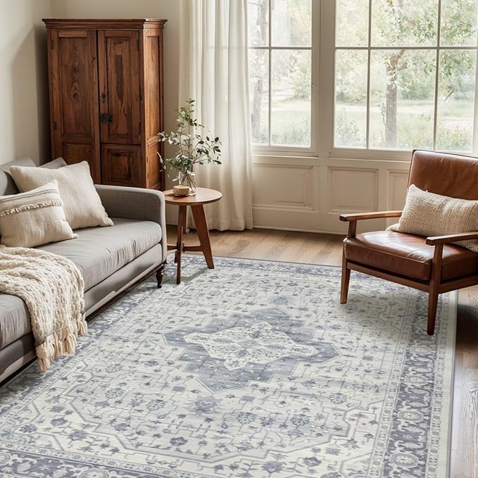 Rugxara Washable Area Rug for Living Room, Vintage Boho Rugs for Office, Dining Room, Kids Room, Farmhouse, Durable Low Pile Non Slip Carpet for High Traffic Areas, Blue Quartz(4x6ft)