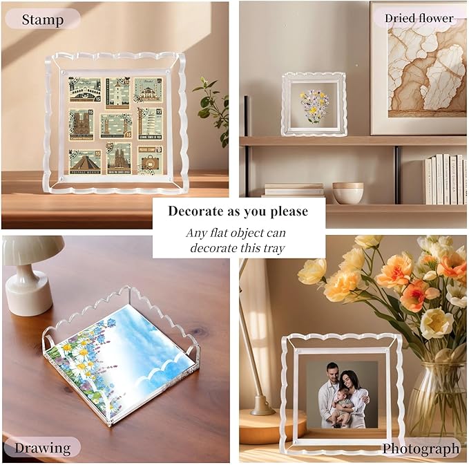 Scalloped Acrylic Tray with Magnetic Mat - 8x8in Customizable Display for Photos, Art & Notes | Non-Slip Base | Elegant Décor & Organizer for Jewelry/Cosmetics for Women/Mom/Weddings