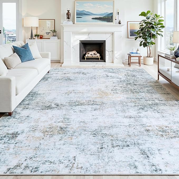 6x9 Area Rugs Washable Rug:Anti-Skid Abstract Modern Living Room Rug Soft Thin Carpets Indoor Floor Non-Shedding Carpet for Bedroom Dining Farmhouse Nursery Home Office(Blue/Grey/Gold/White, 6x9)