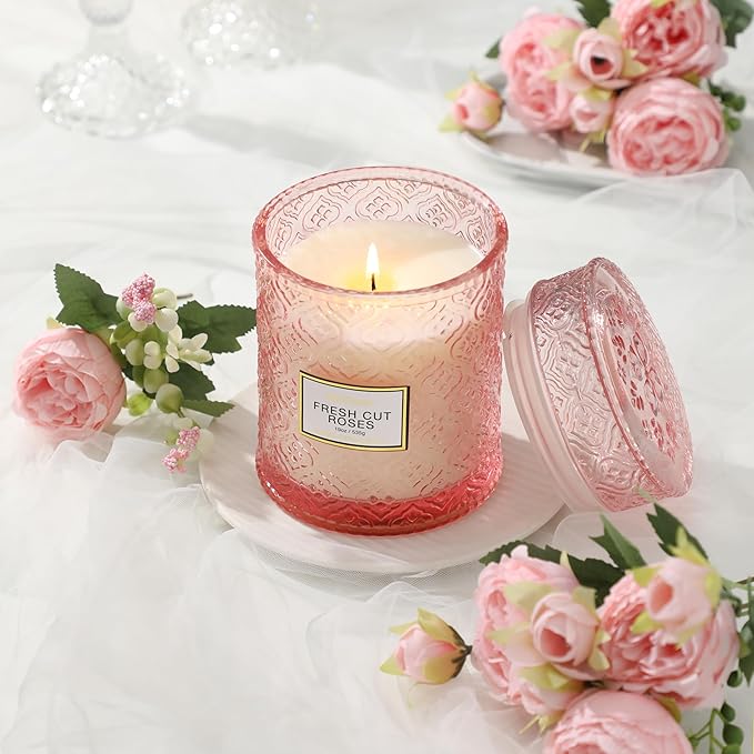 Rose Scented Candles, Valentine Pink Decorative Glass Candle, Valentine Candles Gifts for Women, Natural Soy Wax for Home Fragrance, 19oz