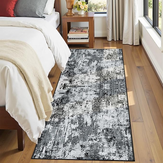 RELEANY Washable Area Rugs 2'x10' Non-Slip Modern Abstract Soft for Living Room Entryway Bedroom Nursery, Print Pattern, Black Navy Blue Gray