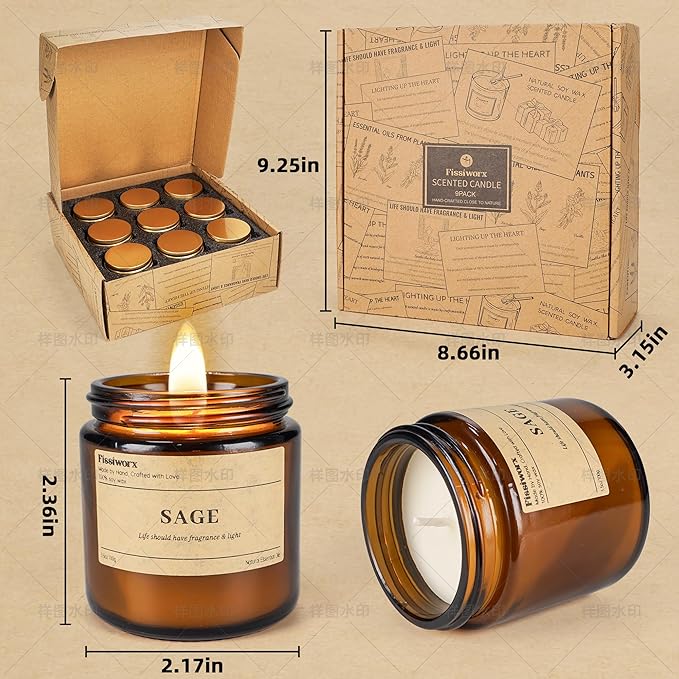 9 Pack Soy Candles for Home Scented |（Apple Cinnamon/Amber/Vanilla） Long-Lasting 270 Hours, Natural Scented Candles Gift for Women & Men, Birthday, Mother’s Day, Christmas, Thanksgiving