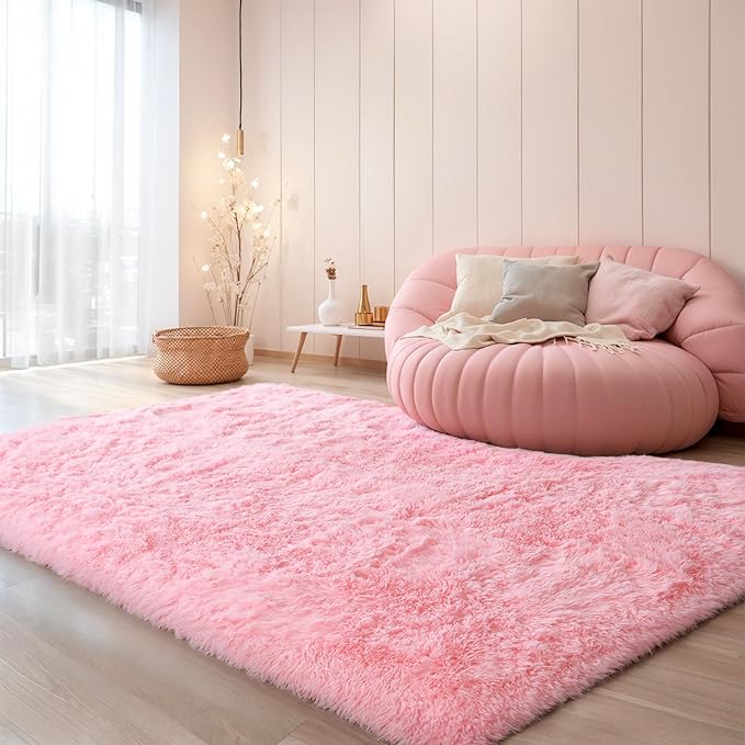 KICHOWUA Thick Area Rug 5x8 Pink Fluffy Fuzzy for Girls Bedroom, Washable Plush Pastel Big Rugs for Living Room, Modern Soft Shag Shaggy Furry Thickened Toddler Nursery Kids Dorm Room Carpet