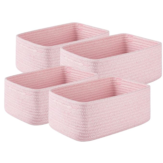 OIASKET 4 Pack Small Storage Shelf Baskets for Organizing, Mini Woven Rope Storage Bins for Towels, Cute Decorative Closet Organizer，Baby Nursery, Gift Empty Baskets -11.81''Lx7.87''Wx4.72''H-Pink