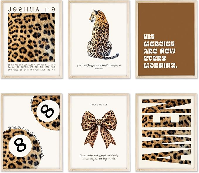 Eastern Print Trendy Leopard Print Wall Art Set, Cheetah Prints Room Decor, Bible Verse Art Prints, Trendy Decor for Bedroom, Living Room, Lucky 8 Ball Aesthetic Posters, 6Pcs 8x10in, UNFRAMED