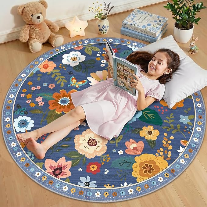 RELEANY Floral Nursery 4ft Area Rugs Washable Print Boho Cute Carpet Non Slip Flower Low Pile for Living Room Kids Girls Playroom Bedroom Kitchen Office Farmhouse-Blue/Grey