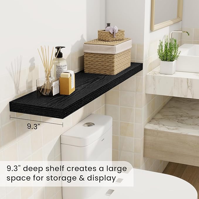 Fun Memories 40 Inch Black Floating Shelves, 9.3 Inch Deep Wall Shelves for Living Room|Bedroom|Kitchen, Rusitc Wall Mounted Bathroom Shelves 2 Pack, Heavy-Duty Deep Shelf for Books，Decor