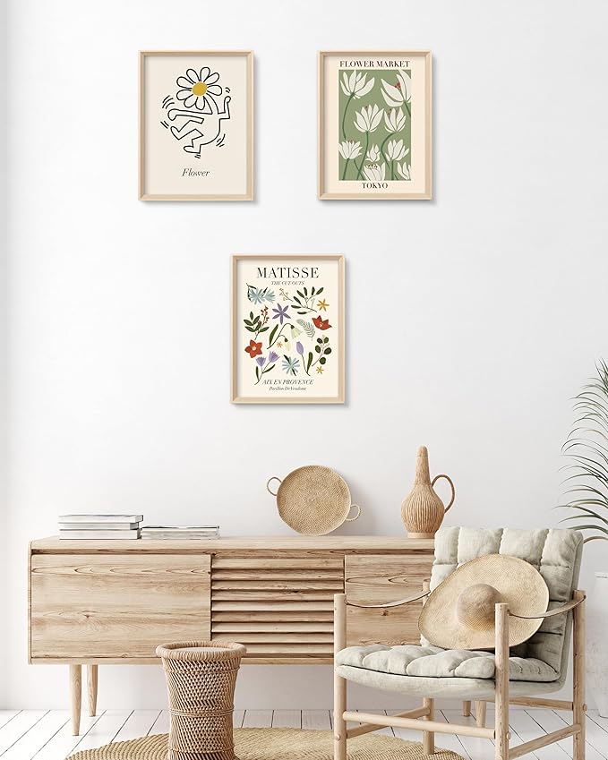 Framed Matisse Canvas Wall Art for Bedroom,Abstract Matisse Canvas Wall Decor,Minimalist Classic Decor Aesthetic,16x12IN Wood High Framed Design Posters for Living Room,Bathroom Set of 3