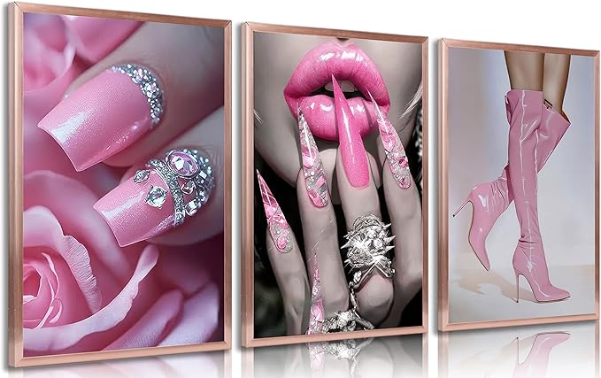 3Pcs Fashion Pink Women Canvas Wall Art Glam Funky Maiden High Heel Posters Prints Paintings Elegant Dreamy Lips Pink Pictures Wall Decor for Living Room Bedroom Home Decoration Unframed