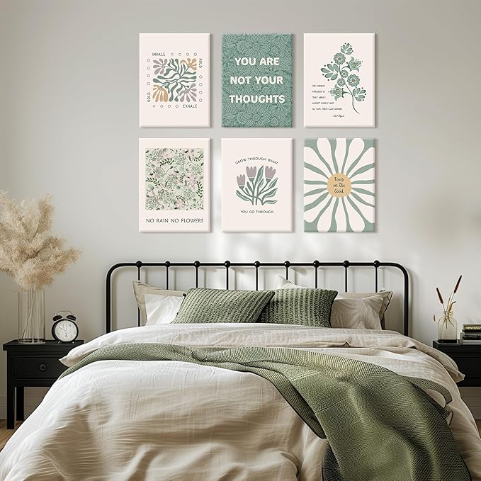 Mental Health Wall Art Therapy Office Canvas Wall Decor Green Motivational Posters Prints Boho Inspirational Quote Pictures Positive Psychology Artwork for Classroom 12x16 Inch Wrapped Canvas 6Pcs