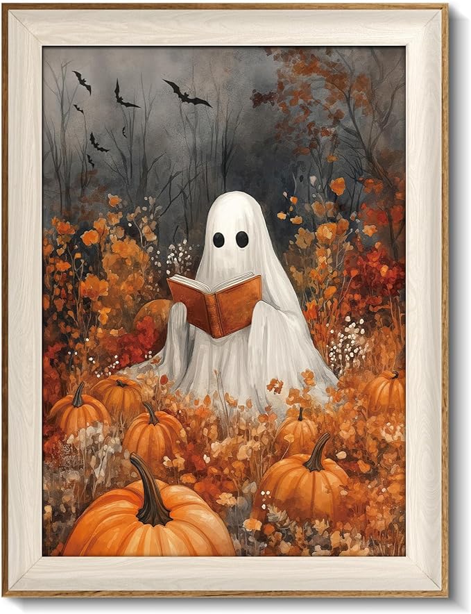 VIYYIEA Framed Wall Art for Living Room, Reading Ghost Canvas Prints, Autumn Home Decor, Halloween Painting Picture, Bathroom Wall Decor Gifts for Friends or Family -【Reading Ghost】-(16L x 12W)