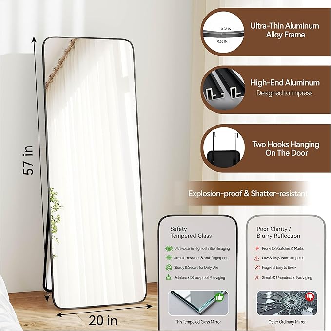 NARCISSUS 57x20 Mirror Door Hanging Full Length Body with Floor Stand or Wall Mounted Metal Aluminum Frame Tempered Glass Rectangle Mirrors for Bedroom Dressing Living Room Bathroom 57 inch Black