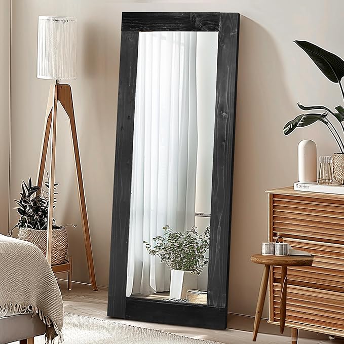 Full Length Mirror 58"x24" – Solid Wood Frame, HD Tempered Glass, Wall Mounted & Leaning, Rustic Modern Decor for Bedroom, Living Room, Entryway, Black