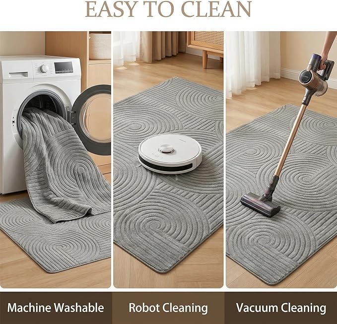 Grey 5x7 Solid Color Area Rugs – Washable Living Room Rug, Modern Geometric Non-Slip Indoor Carpet with Soft High-Low Pile, Fluffy Floor Rugs for Bedroom, Kids Room, Nursery, Home Décor