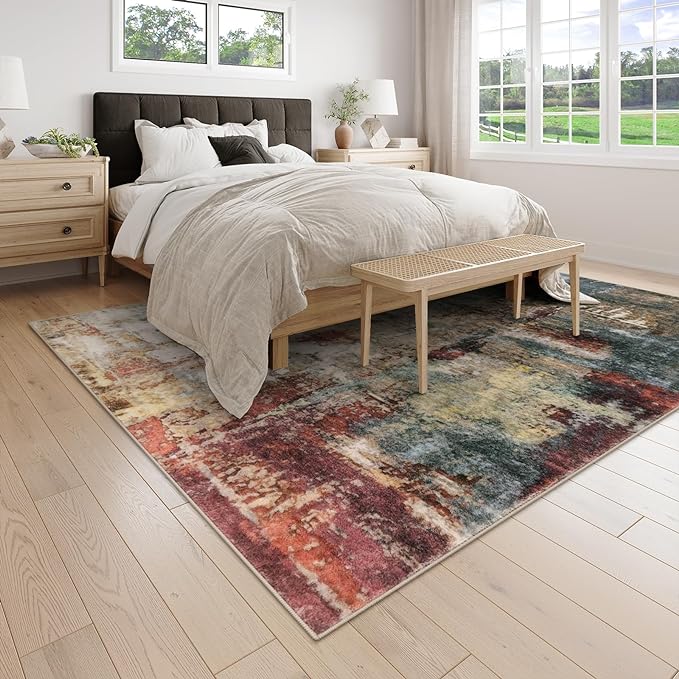 Lahome Modern Abstract Living Room Rug 8x10, Washable 8x10 Area Rugs for Bedroom Stain Resistant Non Slip, Large Red Soft Indoor Carpet for Dining Room Table Home Decor