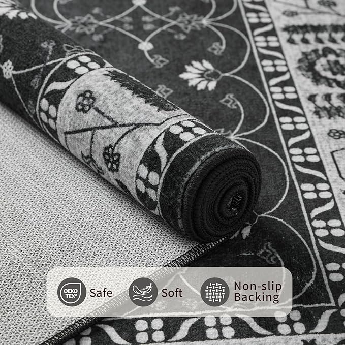 Rugxara Black Rug Area Rugs 5x7, Washable Rugs for Living Room, Vintage Boho Rug for Office, Dining Room, Kids Room and Farmhouse, Durable Low Pile Non-Slip Area Rug for High Traffic Areas(Black 5x7