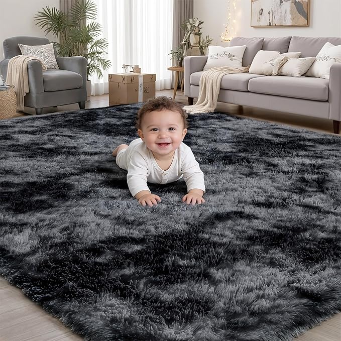 Area Rug for Living Room Bedroom: 9x12 Black Grey Soft Fluffy Shag Upgrade Non-Slip High Pile Carpet Large Fuzzy Plush Indoor Floor Decor Shaggy Rug for Kid Boys Girls Playroom Nursery Modern Home