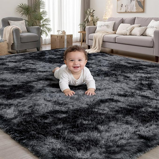 Area Rug for Living Room Bedroom: 4x6 Black Grey Soft Fluffy Shag Upgrade Non-Slip High Pile Carpet Large Fuzzy Plush Indoor Floor Decor Shaggy Rug for Kid Boys Girls Playroom Nursery Modern Home