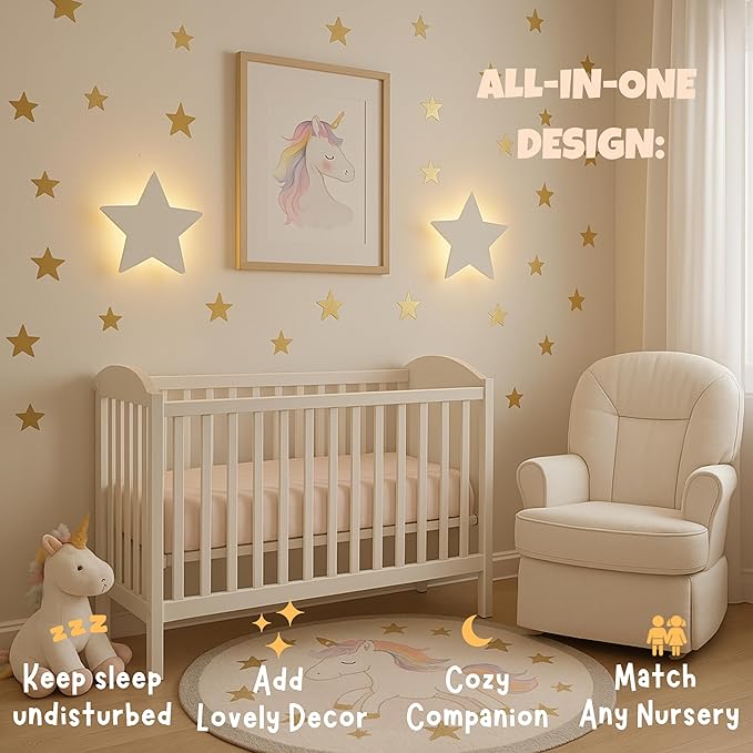 KALEOLI Star Wall Lights 2 Pack – Dimmable & Rechargeable for Kids & Baby Room Decor – Made for Bedtime Routines (Moon & Star Decals Included)
