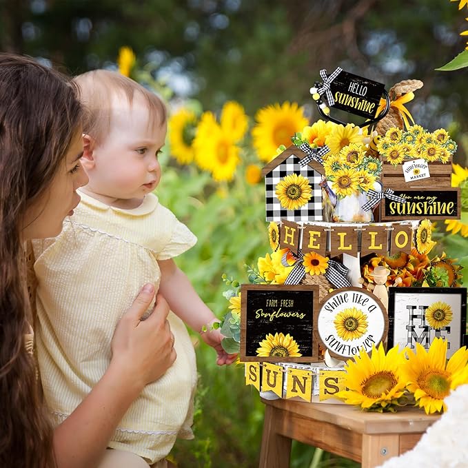 Bucherry 24 Pcs Sunflower Tiered Tray Decor Spring Decorations for Home Farmhouse Decorative Trays Wooden Sign Table Centerpieces for Home Kitchen Shelf Supplies